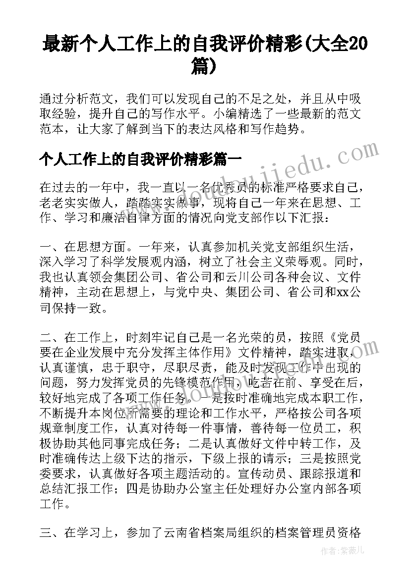 最新个人工作上的自我评价精彩(大全20篇)