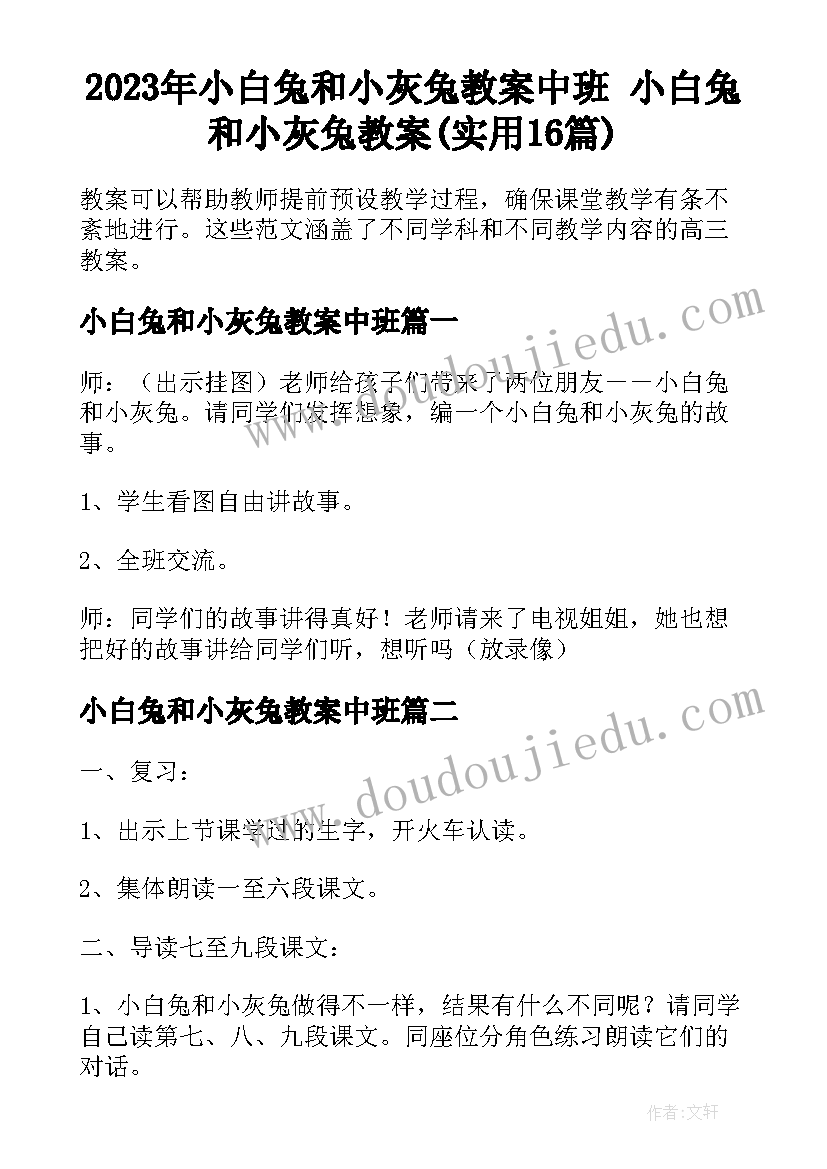 2023年小白兔和小灰兔教案中班 小白兔和小灰兔教案(实用16篇)