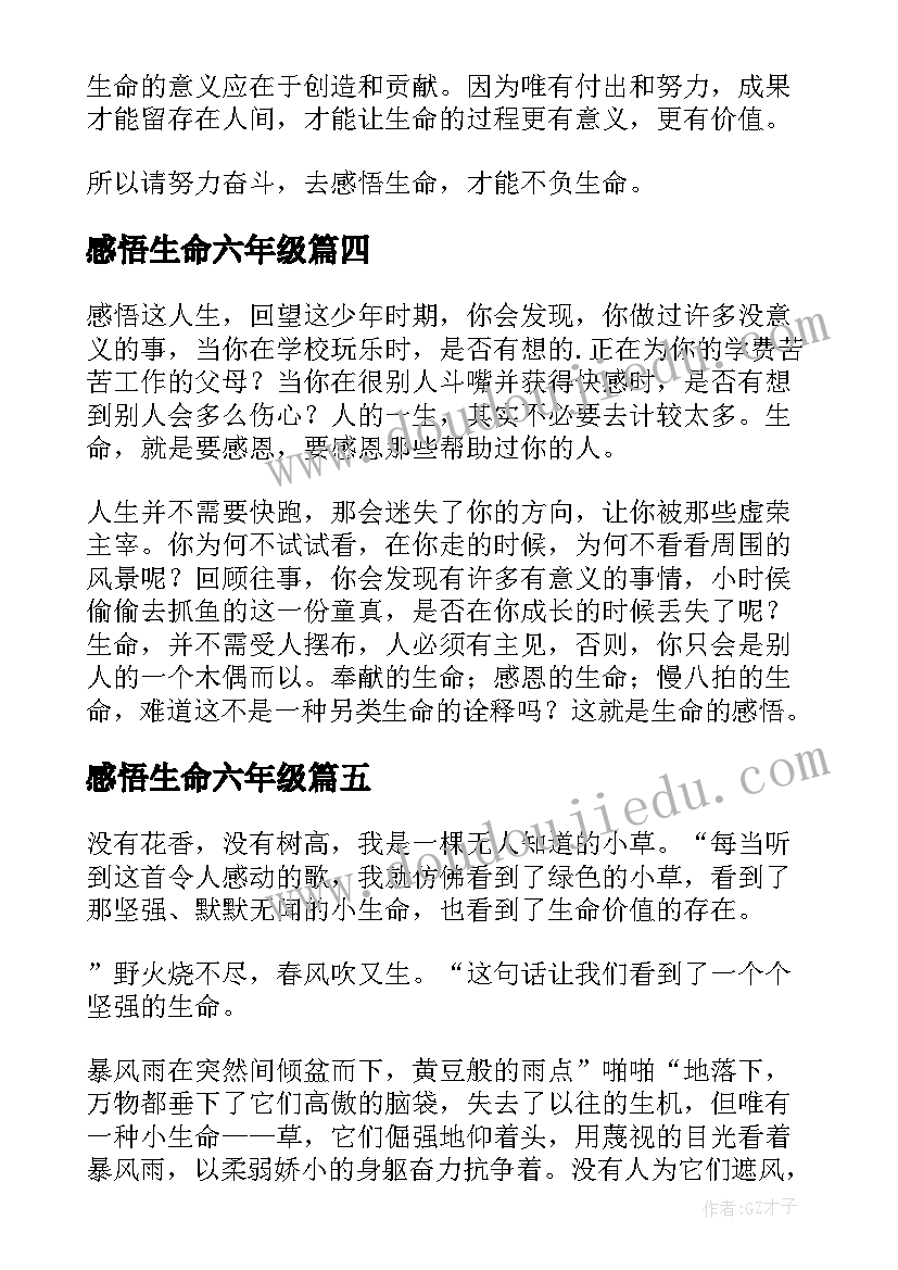 2023年感悟生命六年级 感悟生命小学六年级(精选8篇)