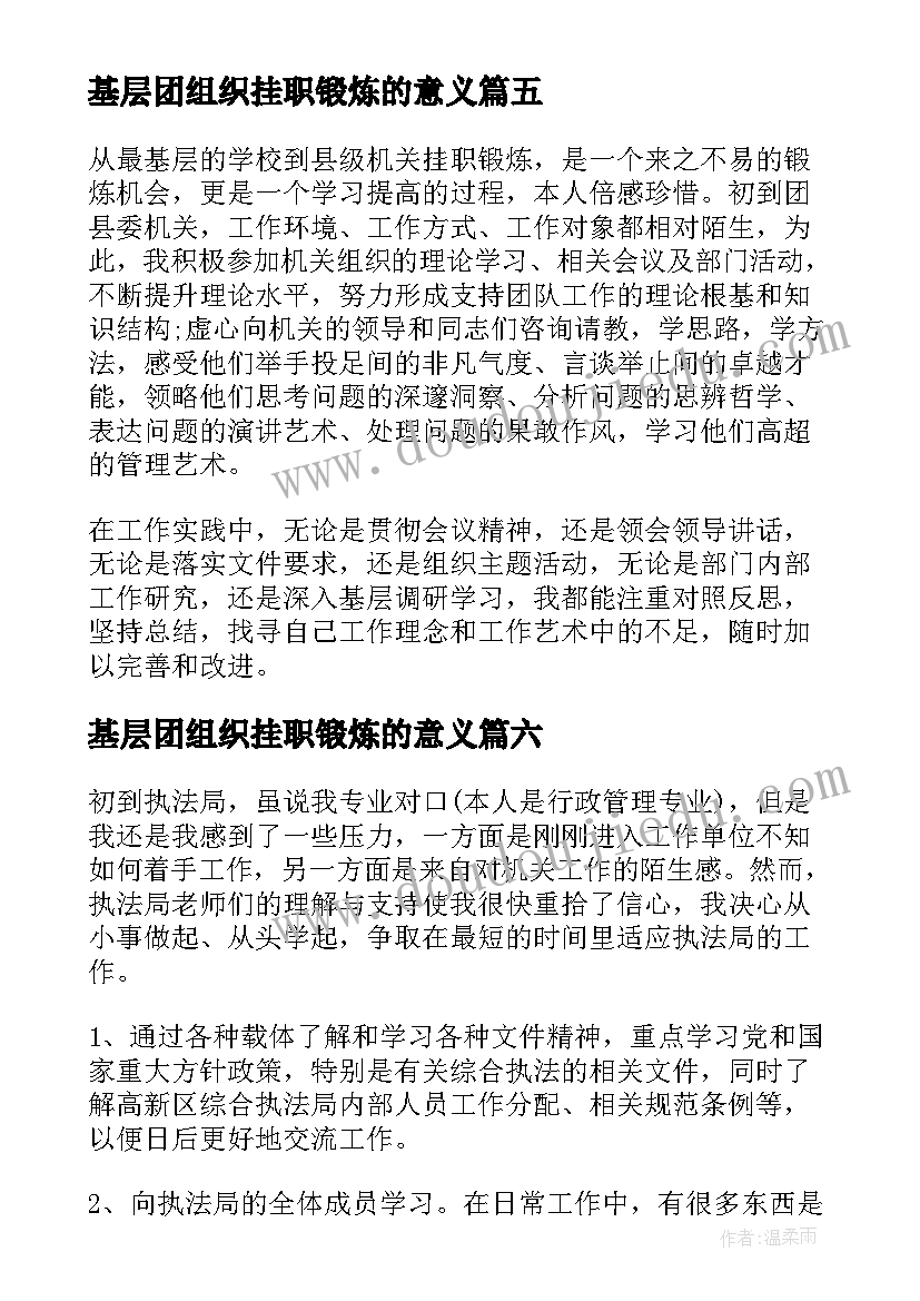 基层团组织挂职锻炼的意义 大学生骨干赴基层团组织挂职锻炼总结(实用8篇)