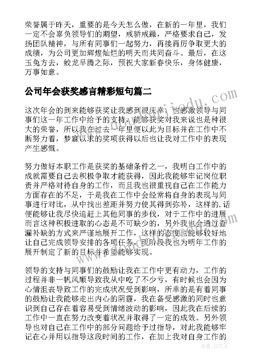 2023年公司年会获奖感言精彩短句(汇总10篇)