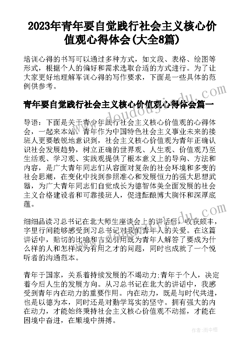 2023年青年要自觉践行社会主义核心价值观心得体会(大全8篇)