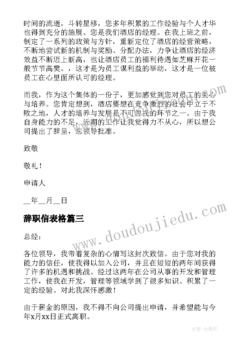 辞职信表格(实用8篇)