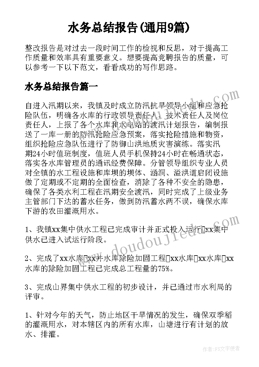 水务总结报告(通用9篇)