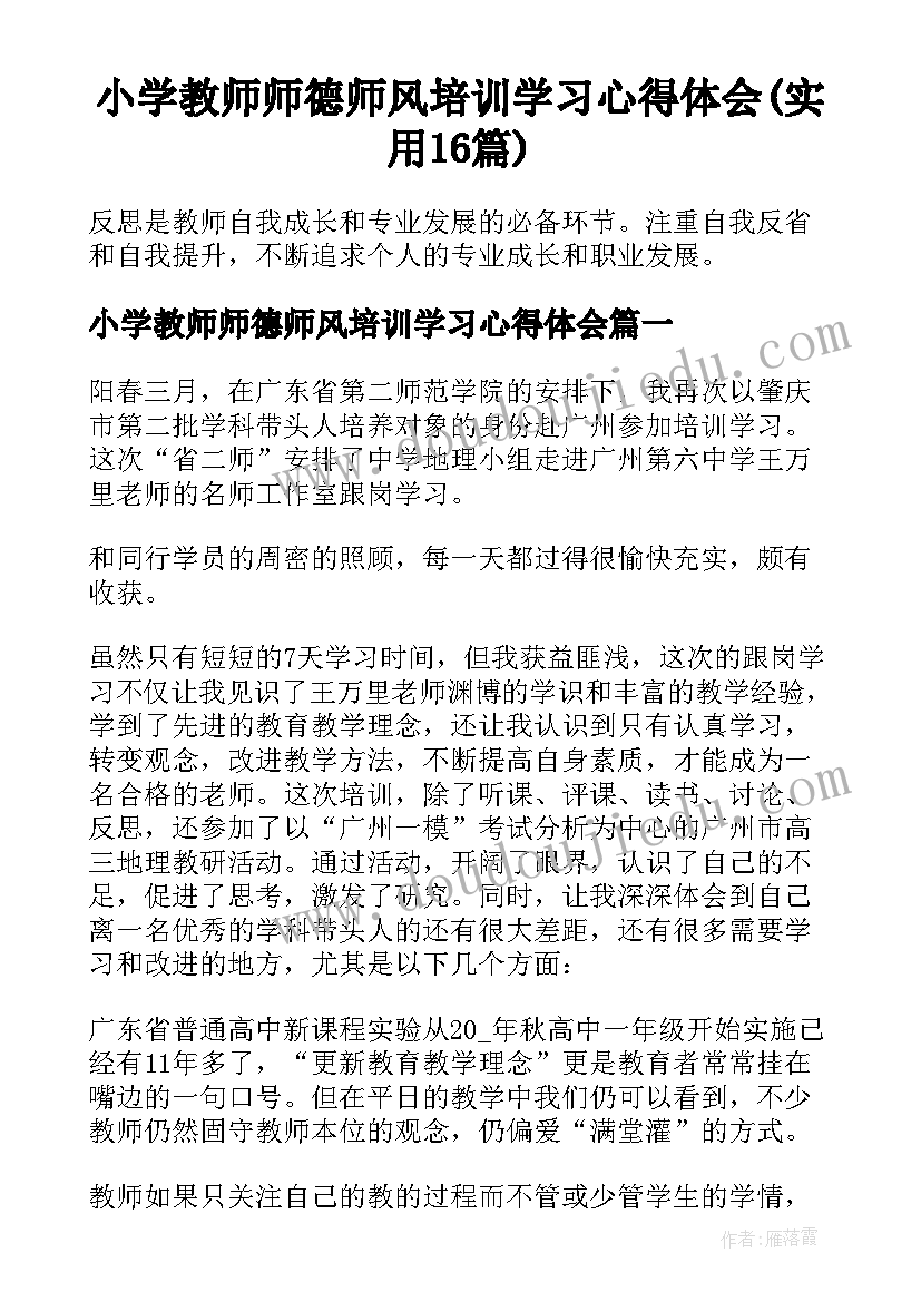 小学教师师德师风培训学习心得体会(实用16篇)