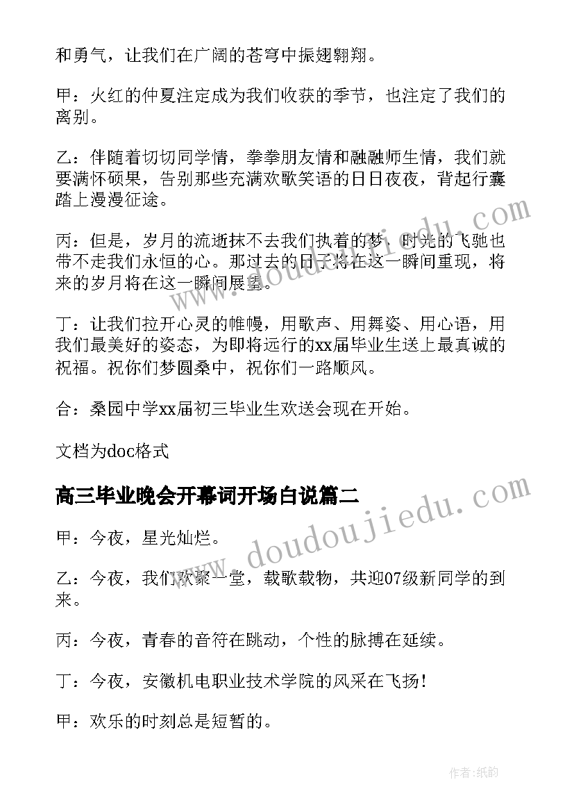 高三毕业晚会开幕词开场白说(实用8篇)