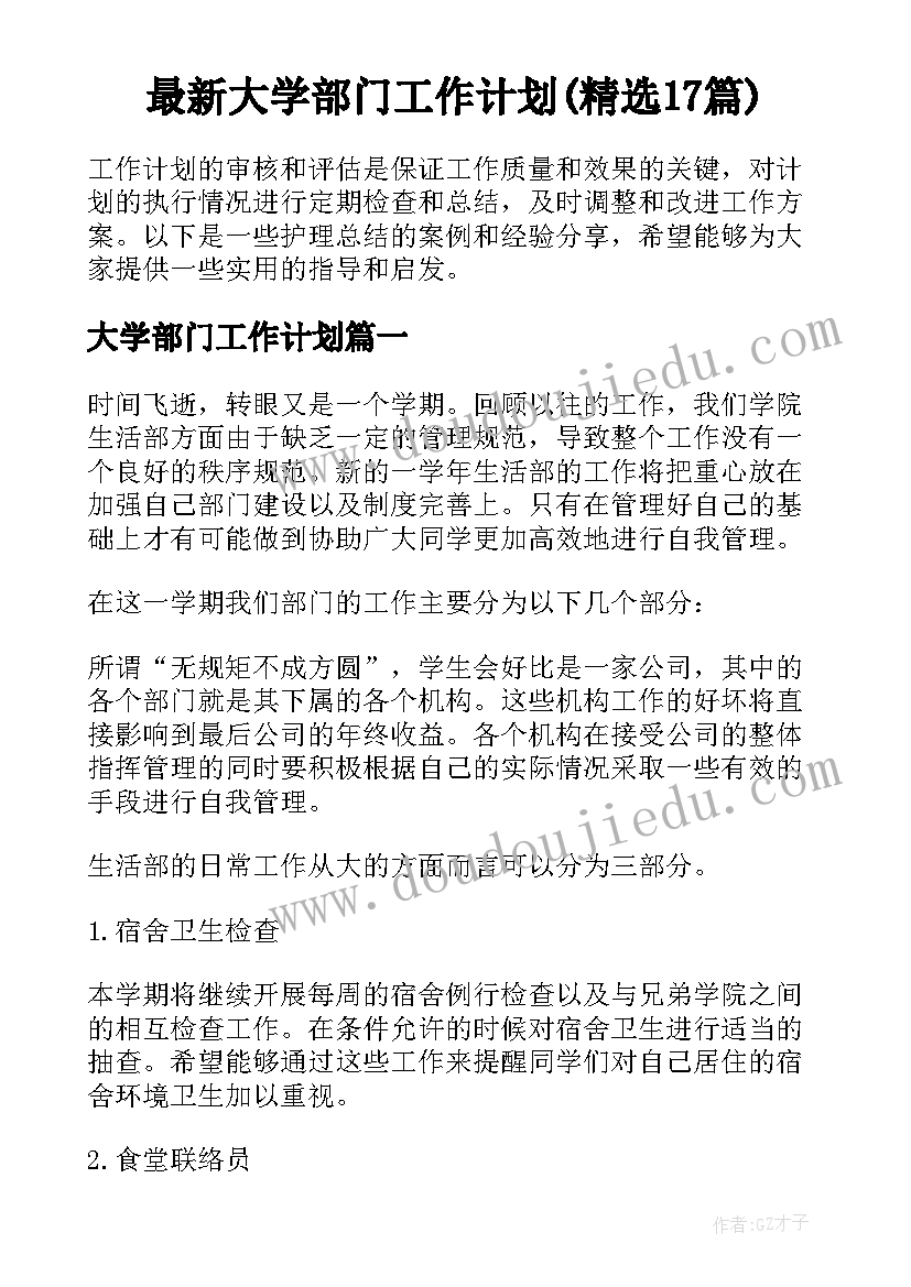 最新大学部门工作计划(精选17篇)