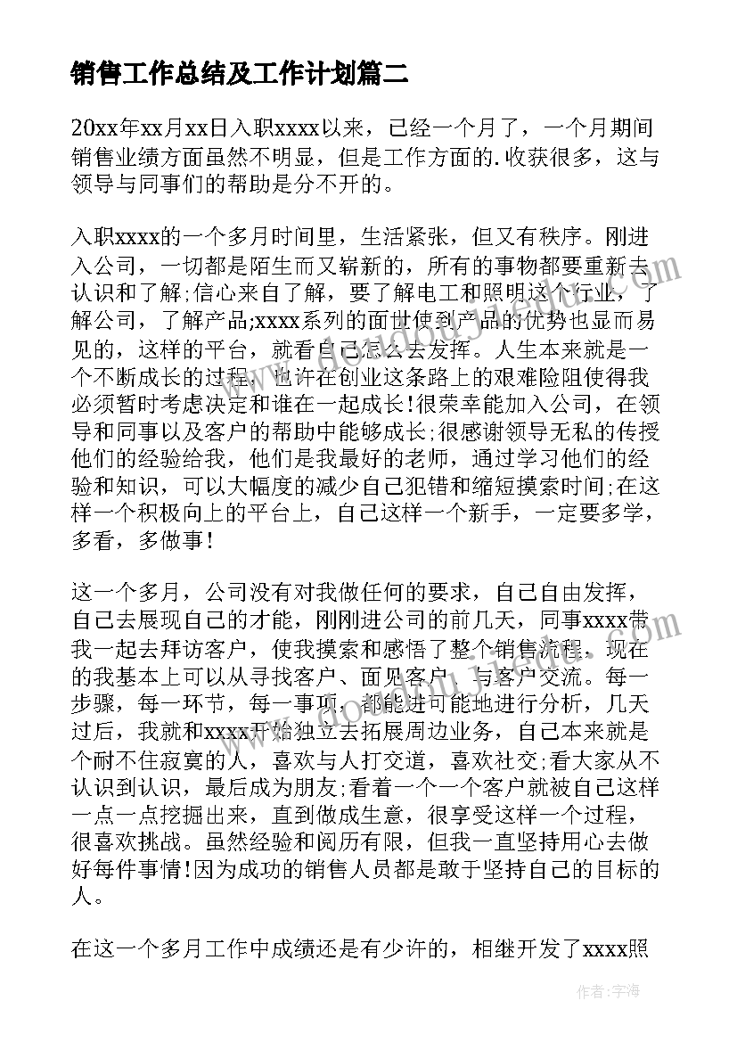 销售工作总结及工作计划(实用10篇)