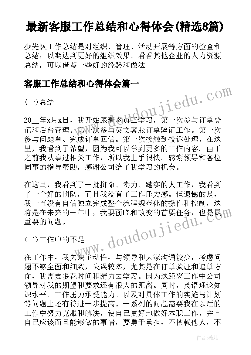 最新客服工作总结和心得体会(精选8篇)