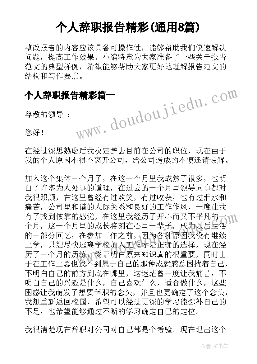 个人辞职报告精彩(通用8篇)