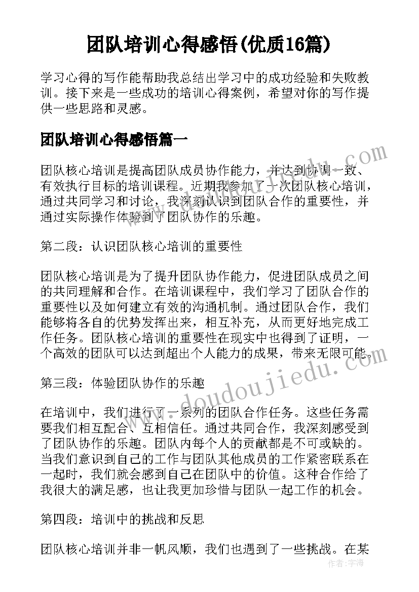 团队培训心得感悟(优质16篇)