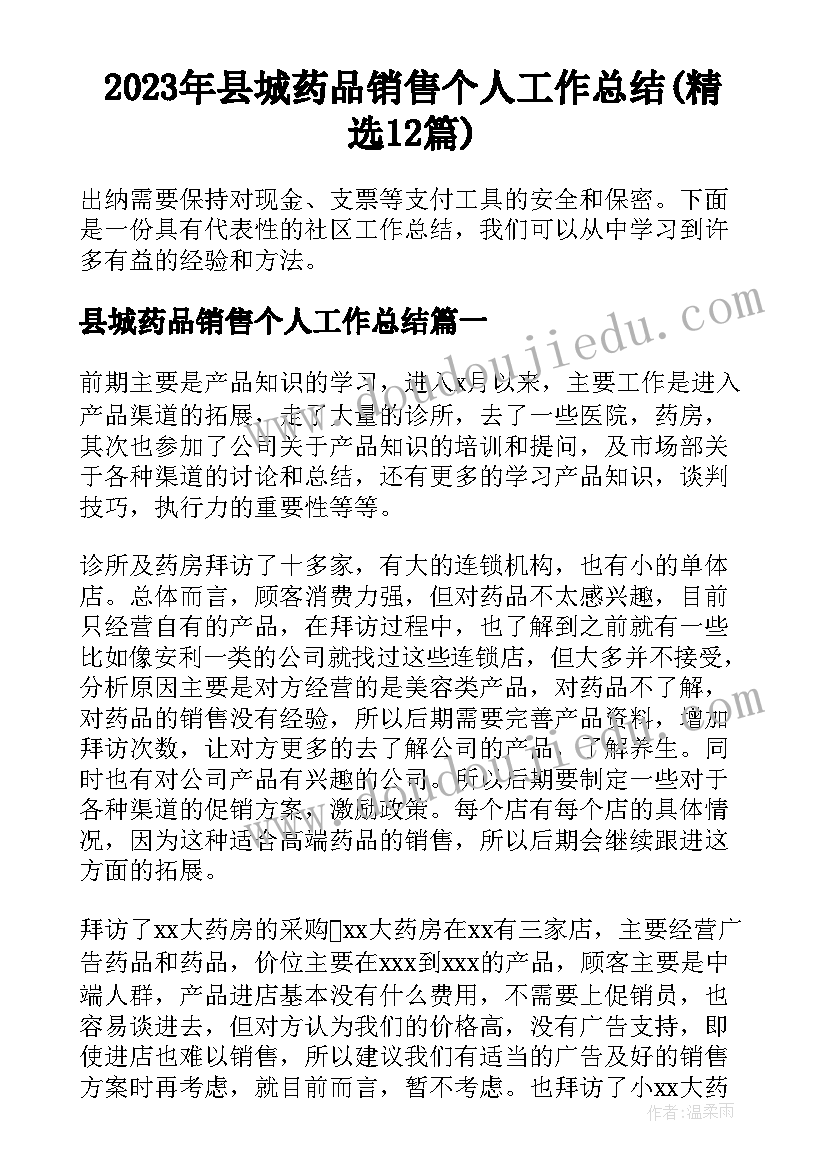 2023年县城药品销售个人工作总结(精选12篇)