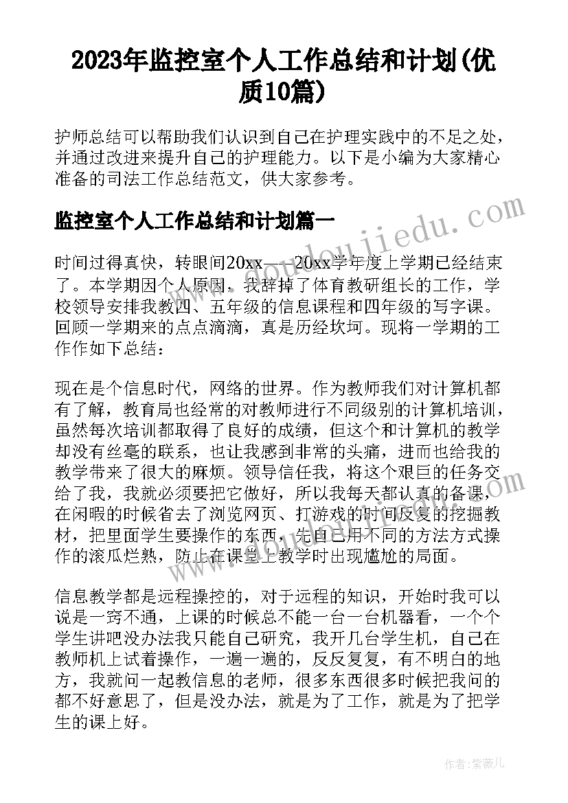 2023年监控室个人工作总结和计划(优质10篇)