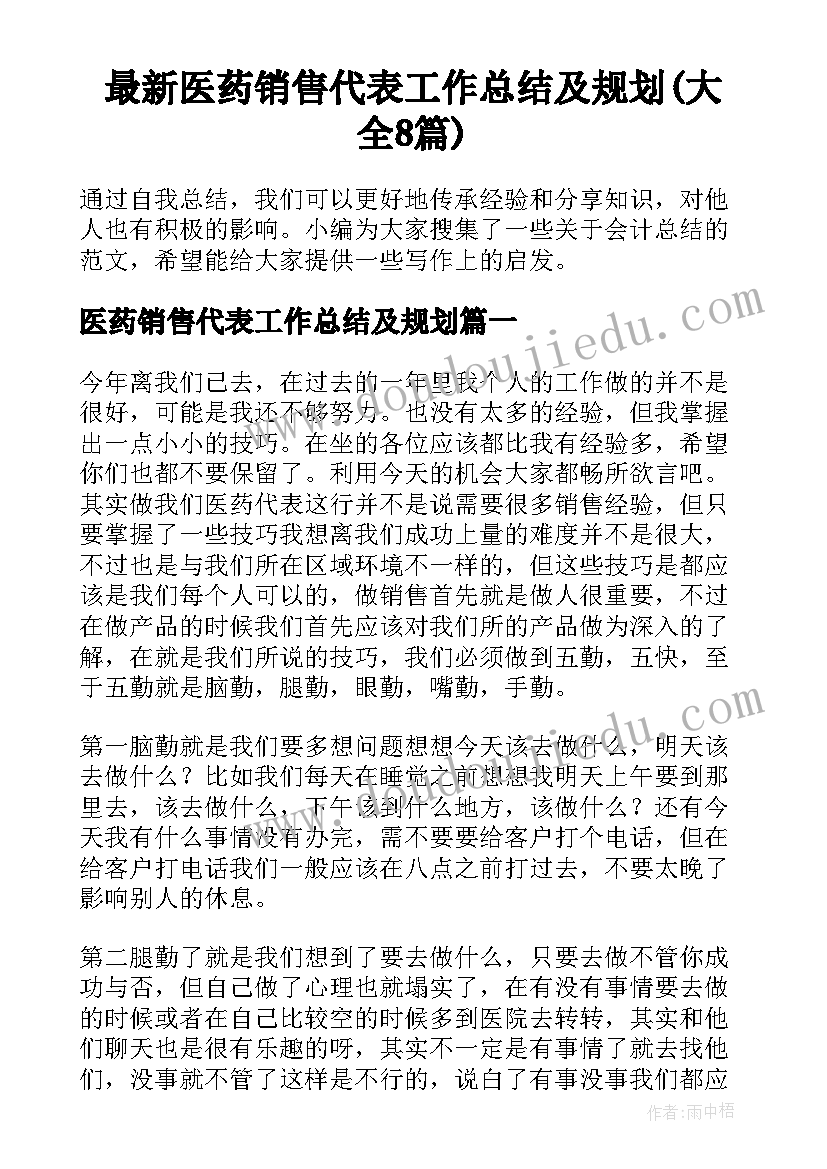 最新医药销售代表工作总结及规划(大全8篇)