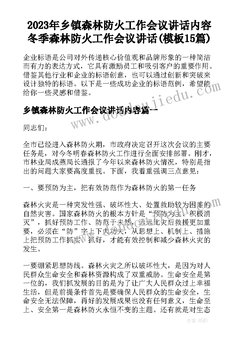 2023年乡镇森林防火工作会议讲话内容 冬季森林防火工作会议讲话(模板15篇)