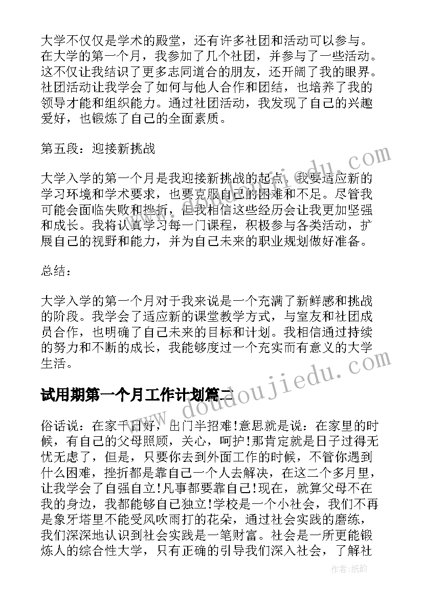 2023年试用期第一个月工作计划(精选8篇)