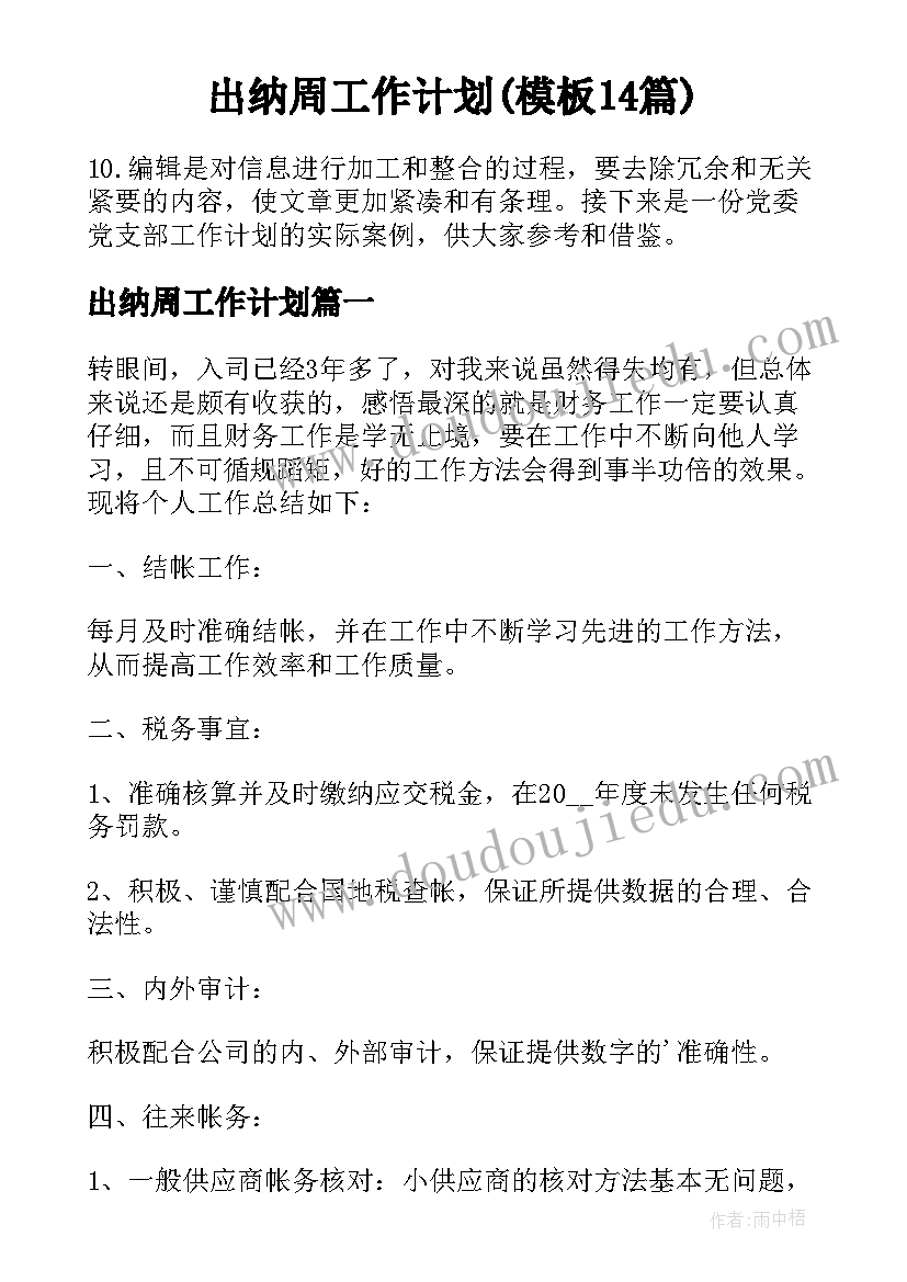 出纳周工作计划(模板14篇)