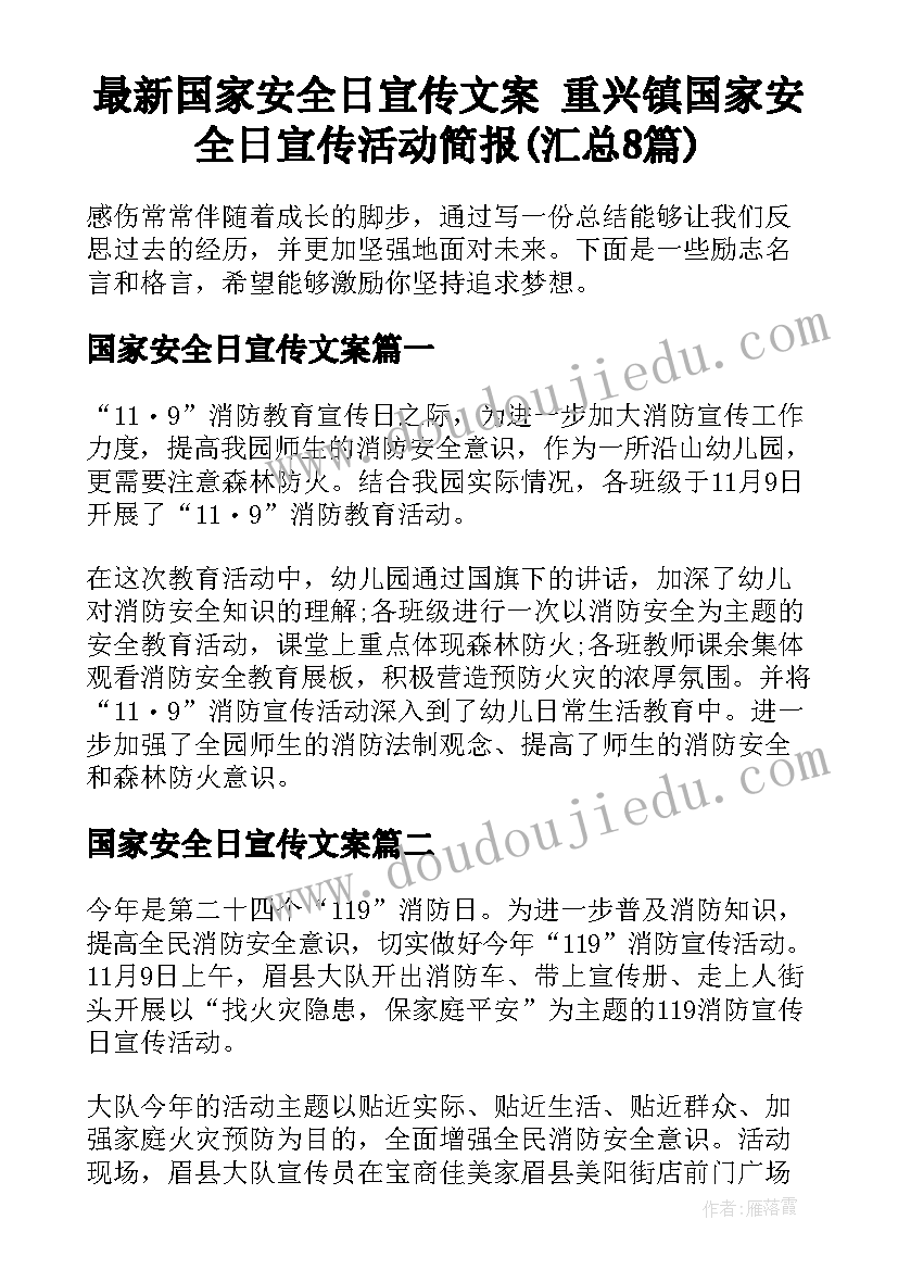 最新国家安全日宣传文案 重兴镇国家安全日宣传活动简报(汇总8篇)