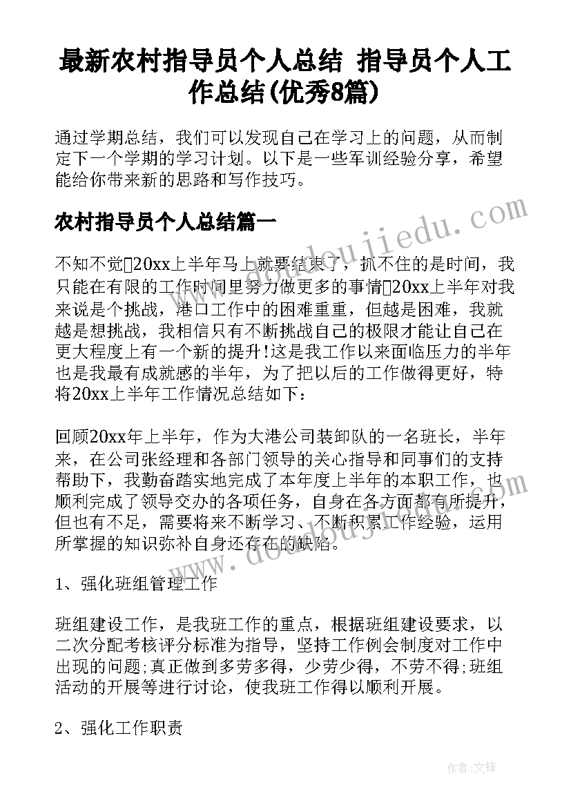 最新农村指导员个人总结 指导员个人工作总结(优秀8篇)