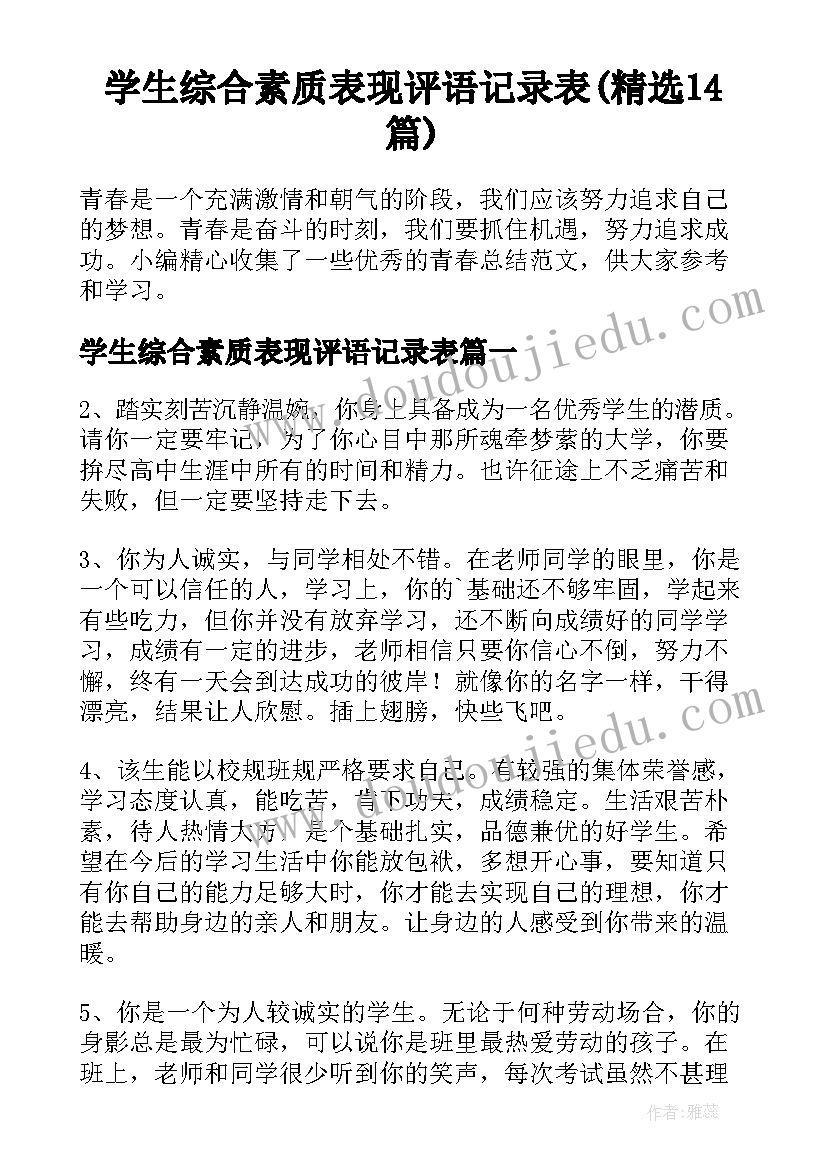 学生综合素质表现评语记录表(精选14篇)