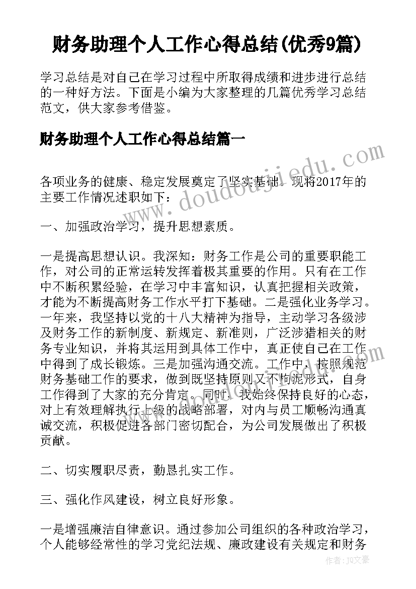 财务助理个人工作心得总结(优秀9篇)