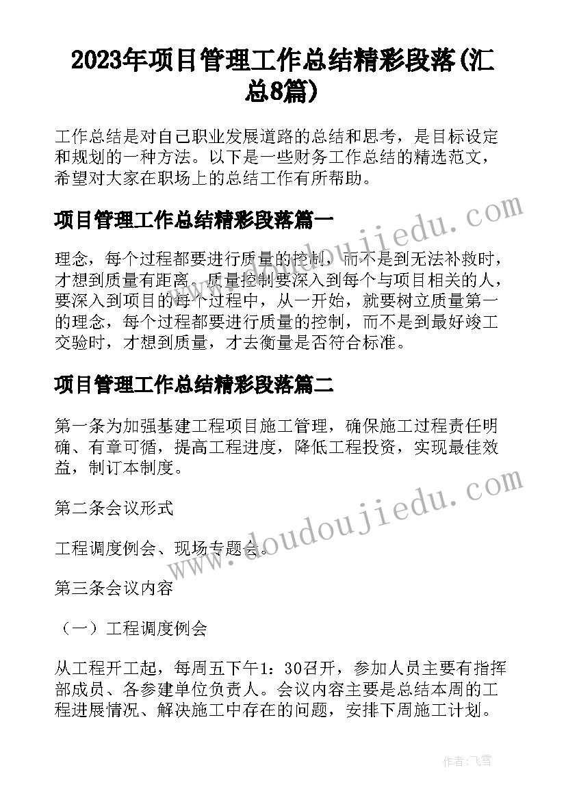 2023年项目管理工作总结精彩段落(汇总8篇)