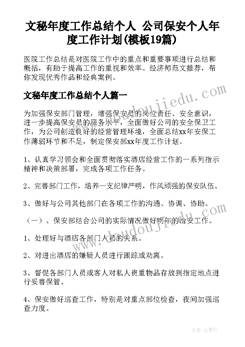 文秘年度工作总结个人 公司保安个人年度工作计划(模板19篇)