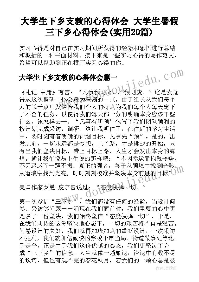 大学生下乡支教的心得体会 大学生暑假三下乡心得体会(实用20篇)