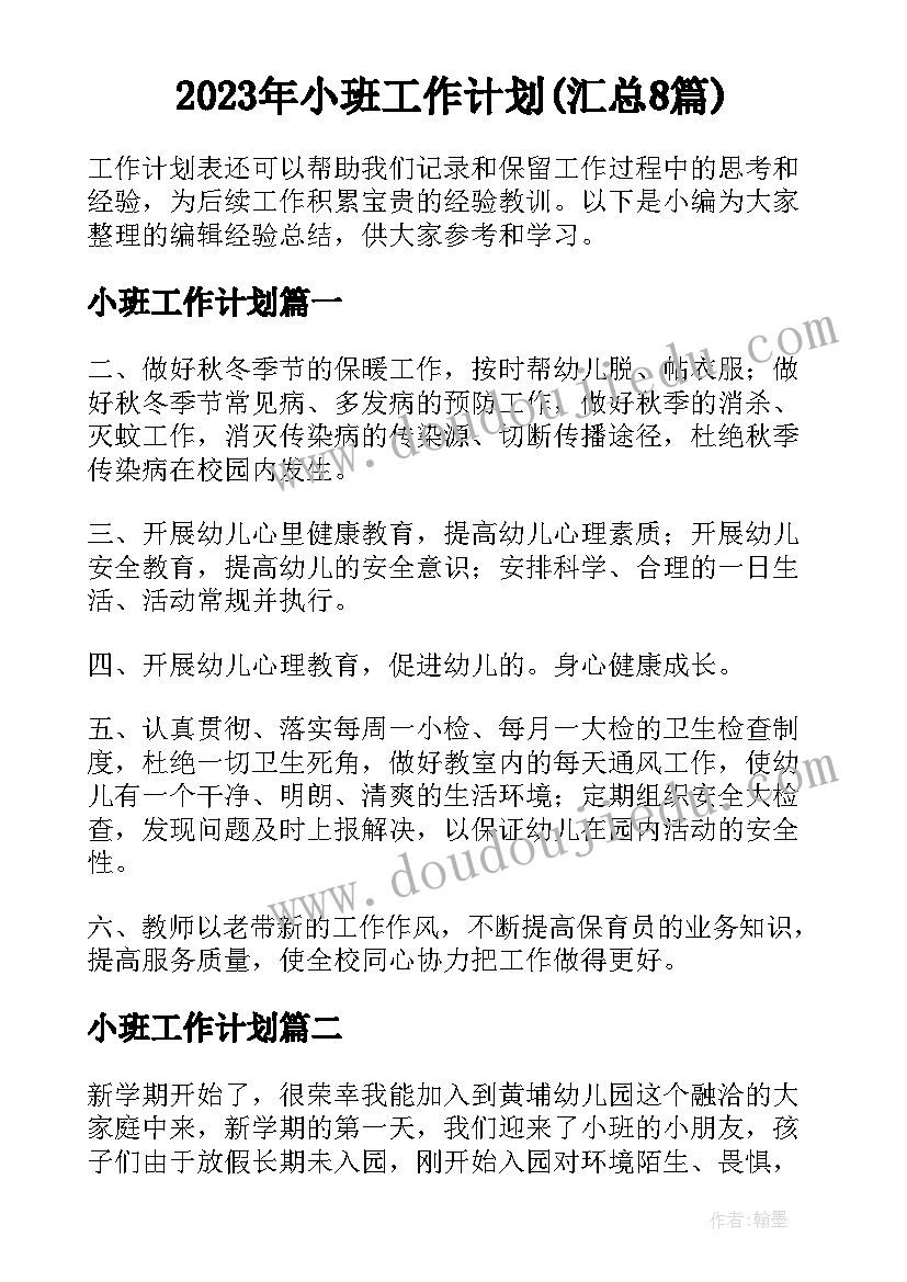 2023年小班工作计划(汇总8篇)