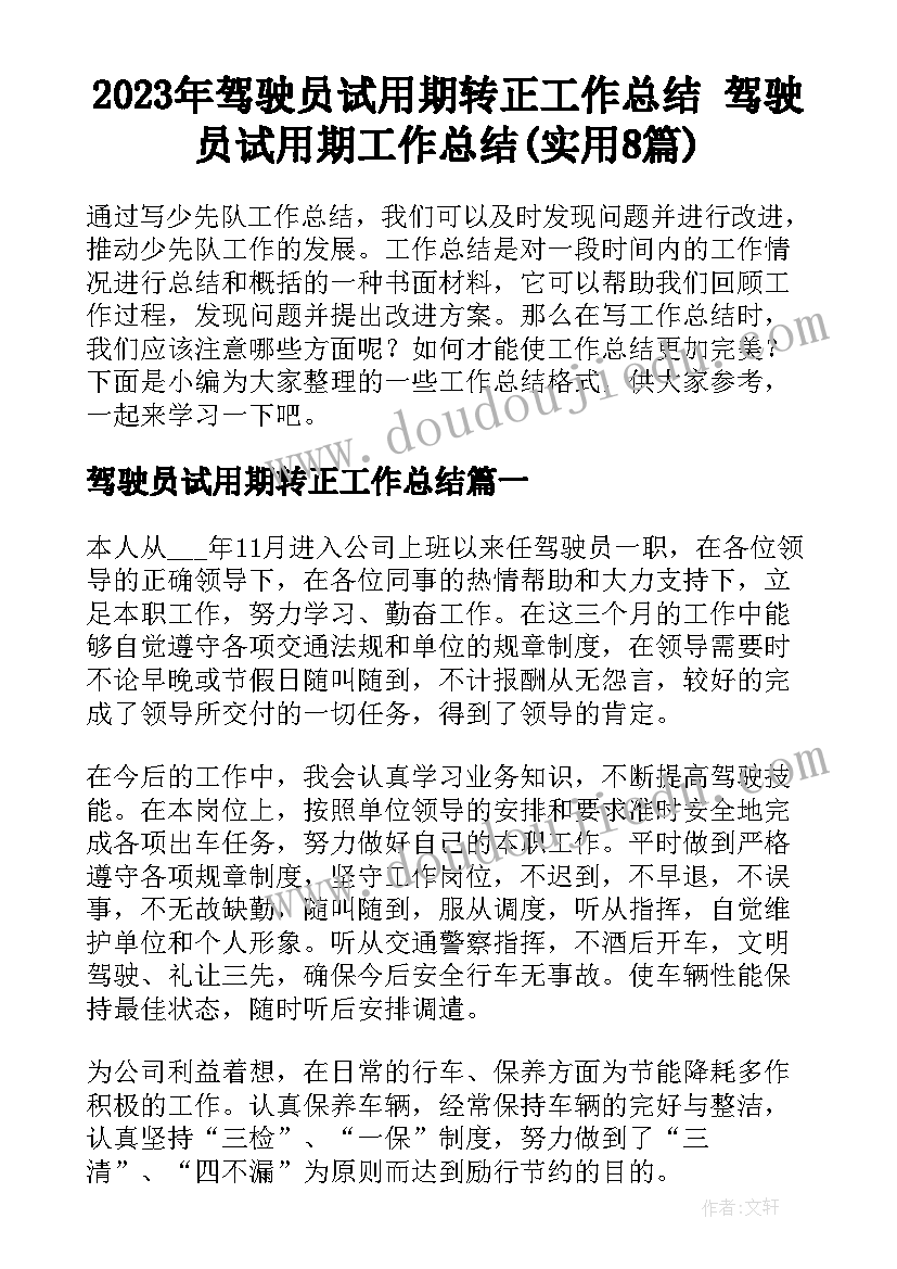 2023年驾驶员试用期转正工作总结 驾驶员试用期工作总结(实用8篇)