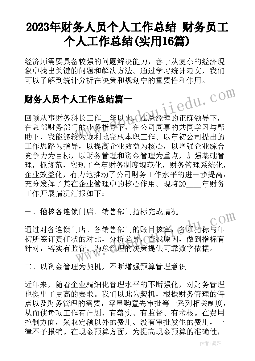 2023年财务人员个人工作总结 财务员工个人工作总结(实用16篇)