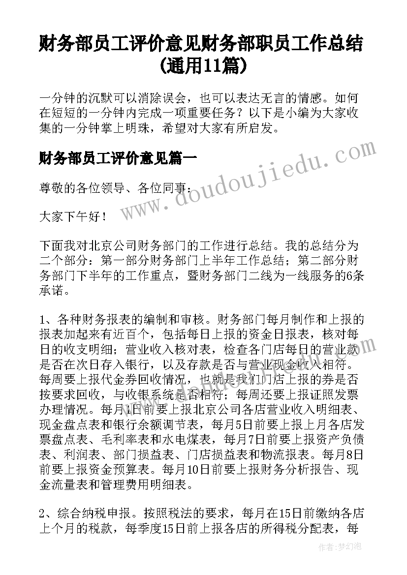 财务部员工评价意见 财务部职员工作总结(通用11篇)