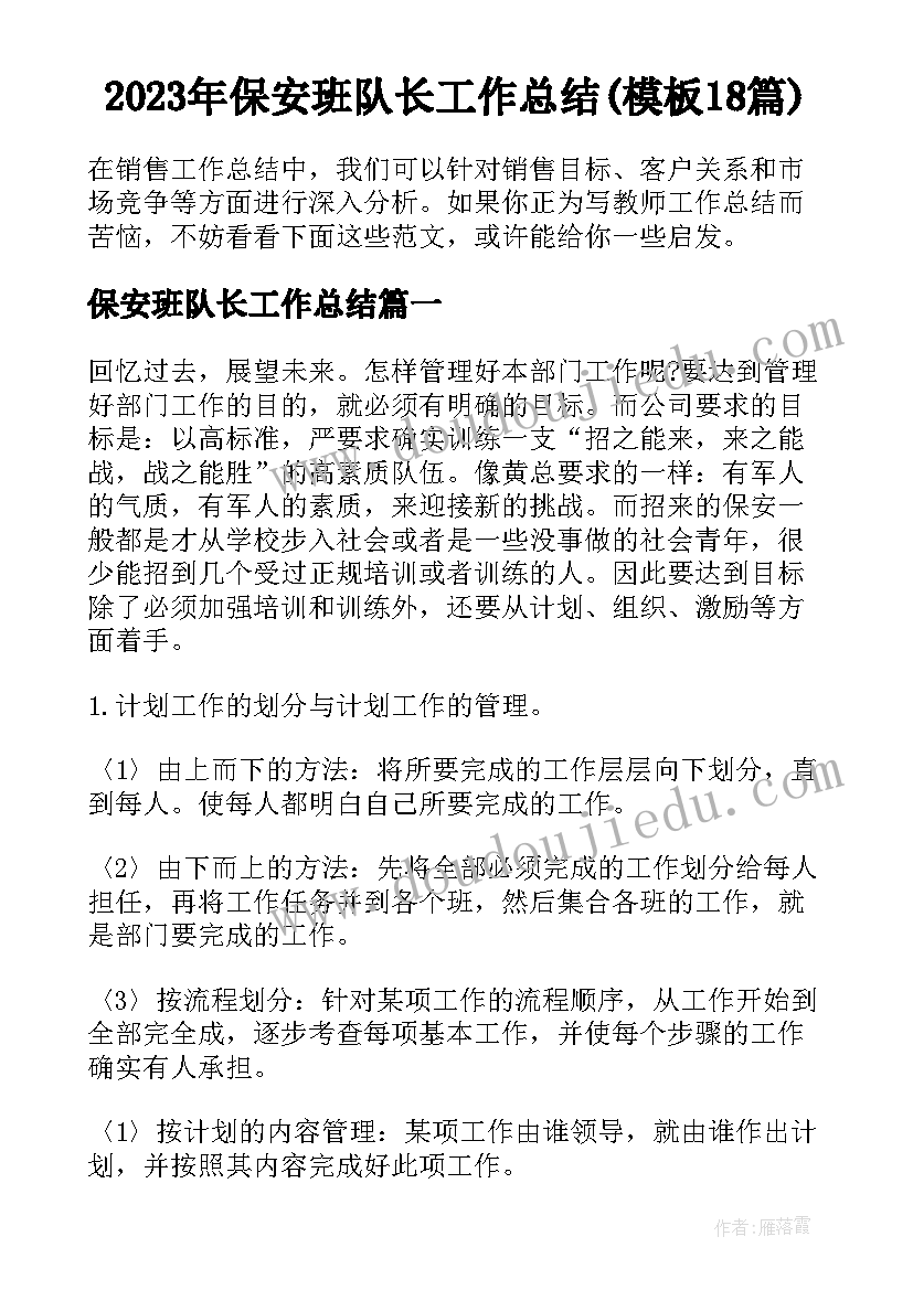 2023年保安班队长工作总结(模板18篇)