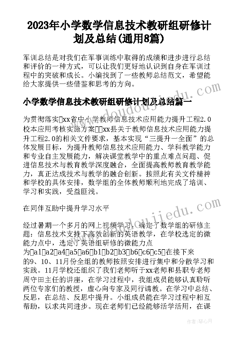 2023年小学数学信息技术教研组研修计划及总结(通用8篇)