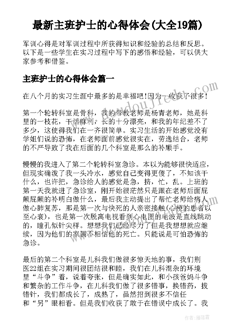 最新主班护士的心得体会(大全19篇)