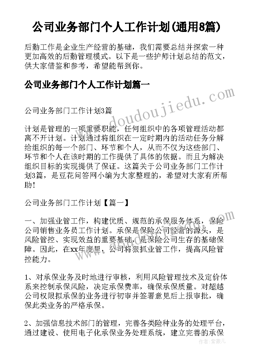 公司业务部门个人工作计划(通用8篇)