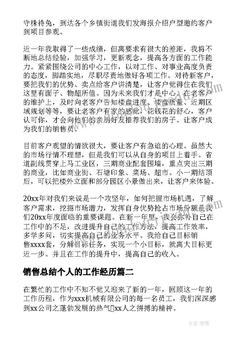 销售总结个人的工作经历 个人的销售年终总结(优秀14篇)