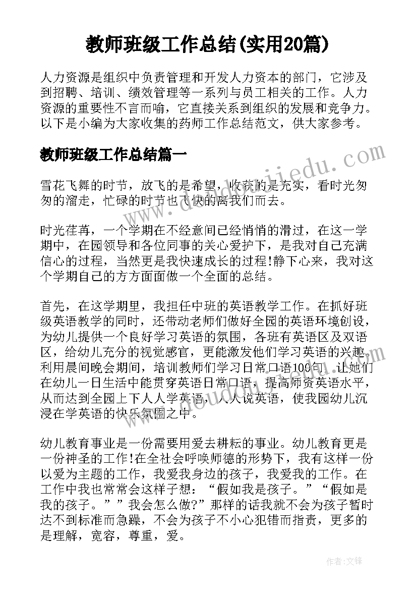 教师班级工作总结(实用20篇)