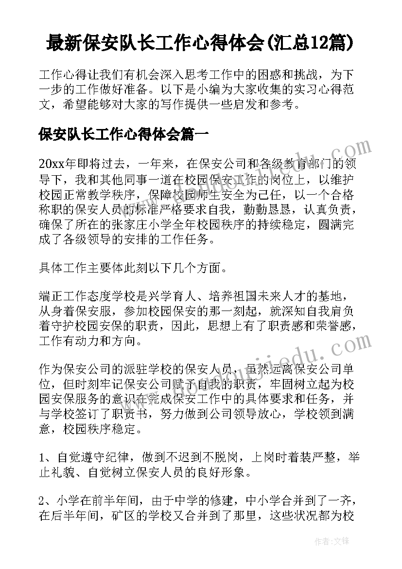 最新保安队长工作心得体会(汇总12篇)