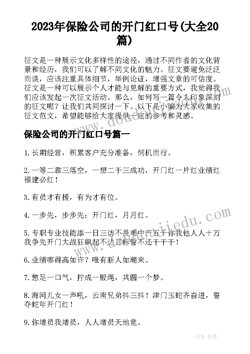 2023年保险公司的开门红口号(大全20篇)