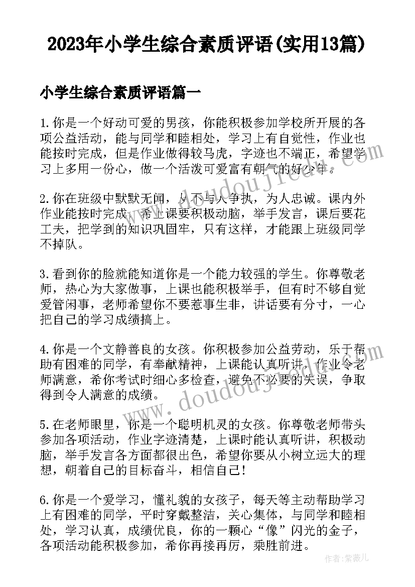 2023年小学生综合素质评语(实用13篇)