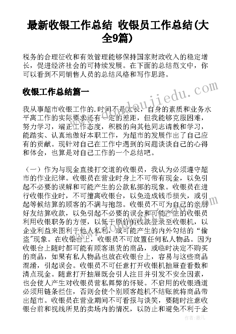 最新收银工作总结 收银员工作总结(大全9篇)