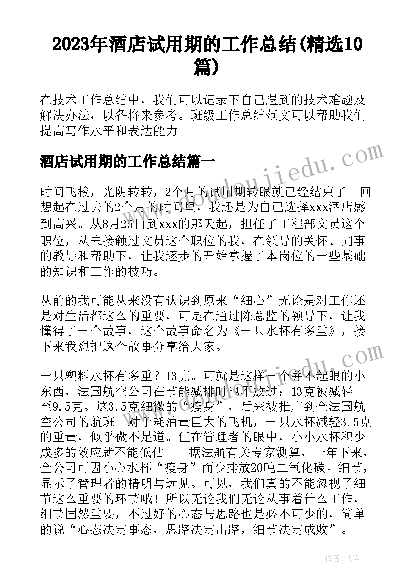 2023年酒店试用期的工作总结(精选10篇)