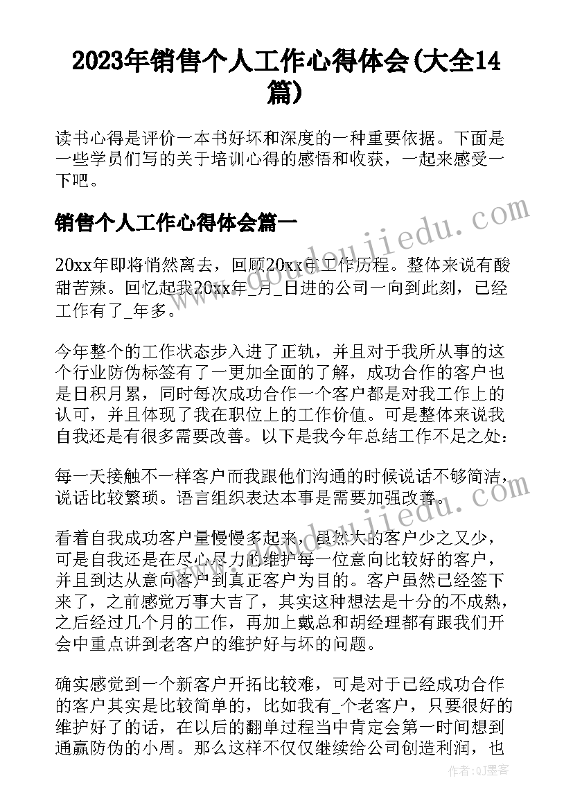 2023年销售个人工作心得体会(大全14篇)