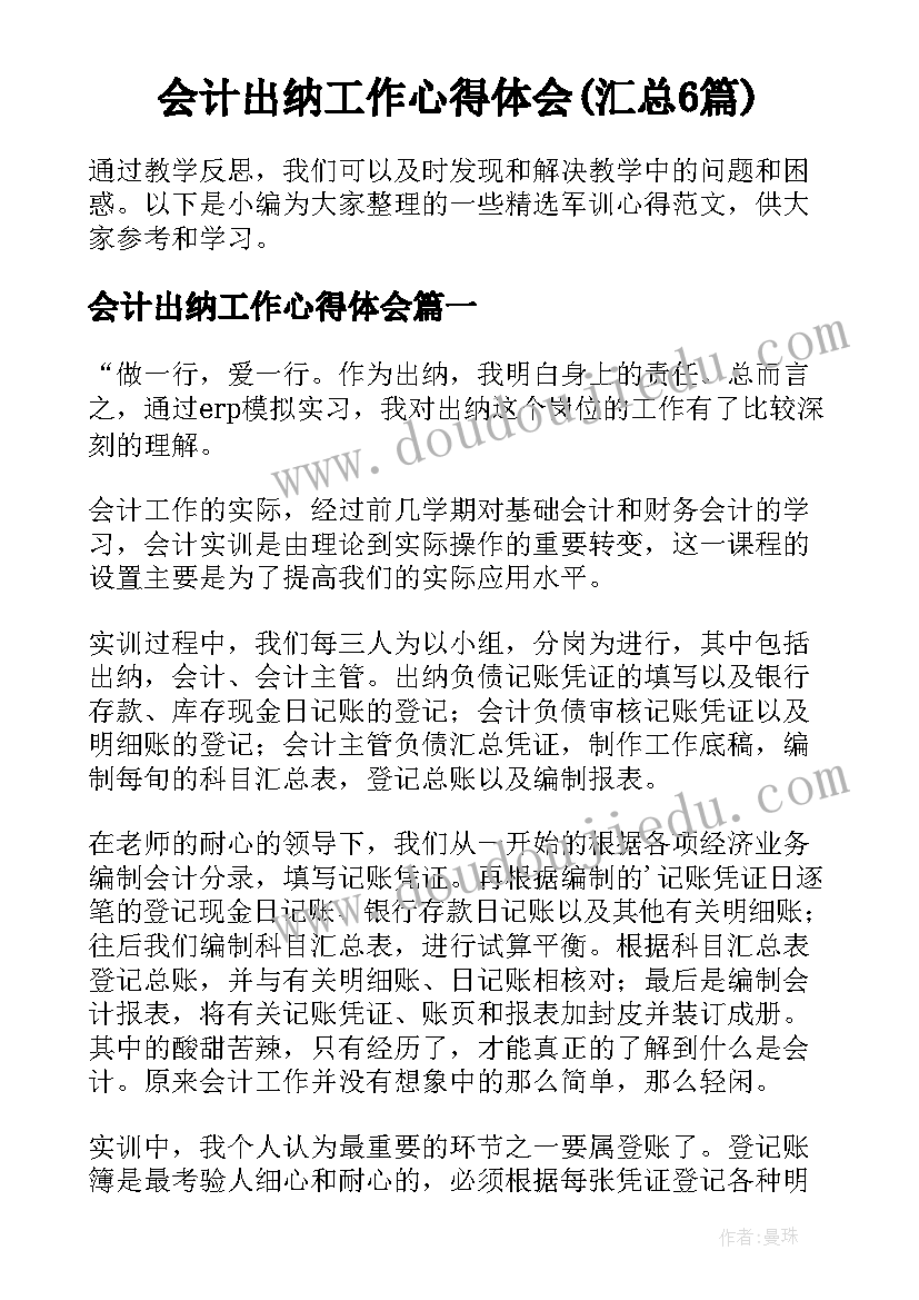 会计出纳工作心得体会(汇总6篇)