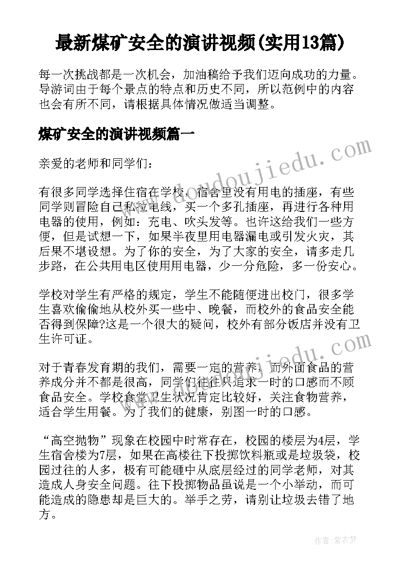 最新煤矿安全的演讲视频(实用13篇)