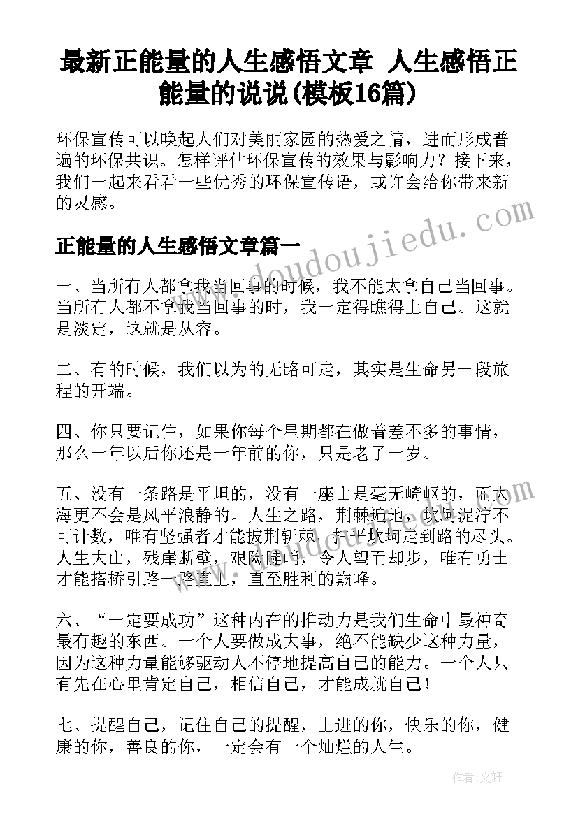 最新正能量的人生感悟文章 人生感悟正能量的说说(模板16篇)