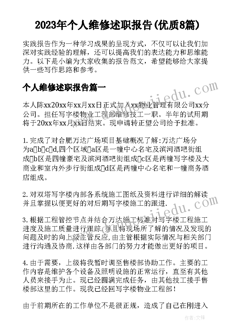 2023年个人维修述职报告(优质8篇)