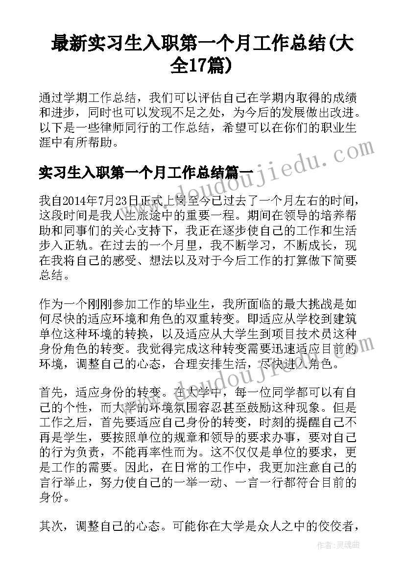 最新实习生入职第一个月工作总结(大全17篇)