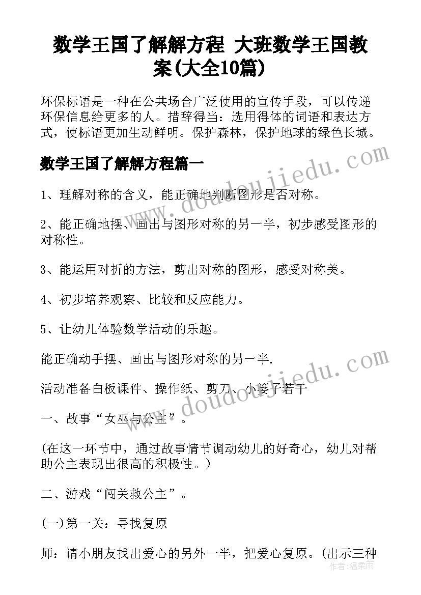 数学王国了解解方程 大班数学王国教案(大全10篇)